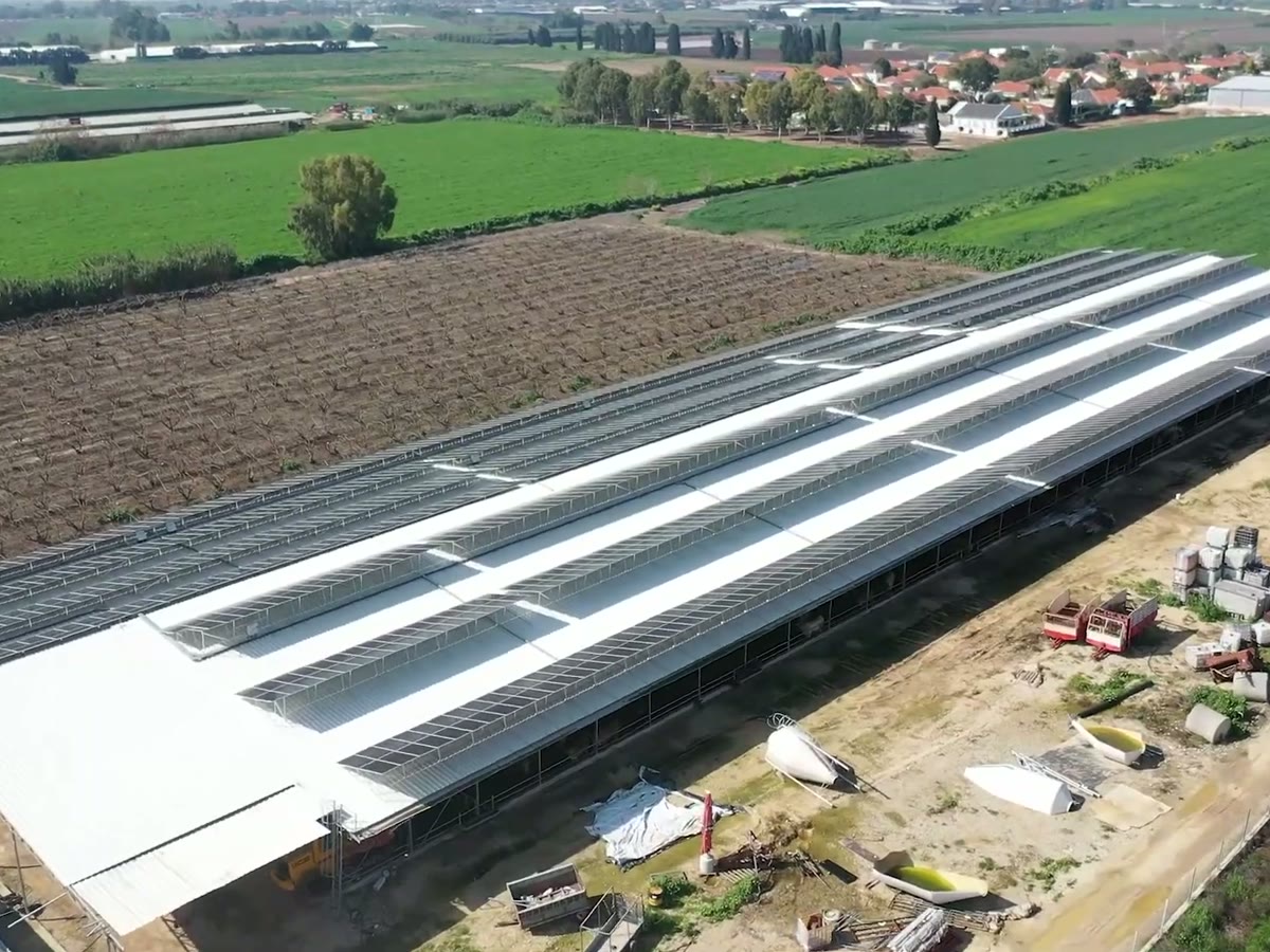 Vista aérea del techo de un galpón rural cubierto de paneles solares entre campos verdes